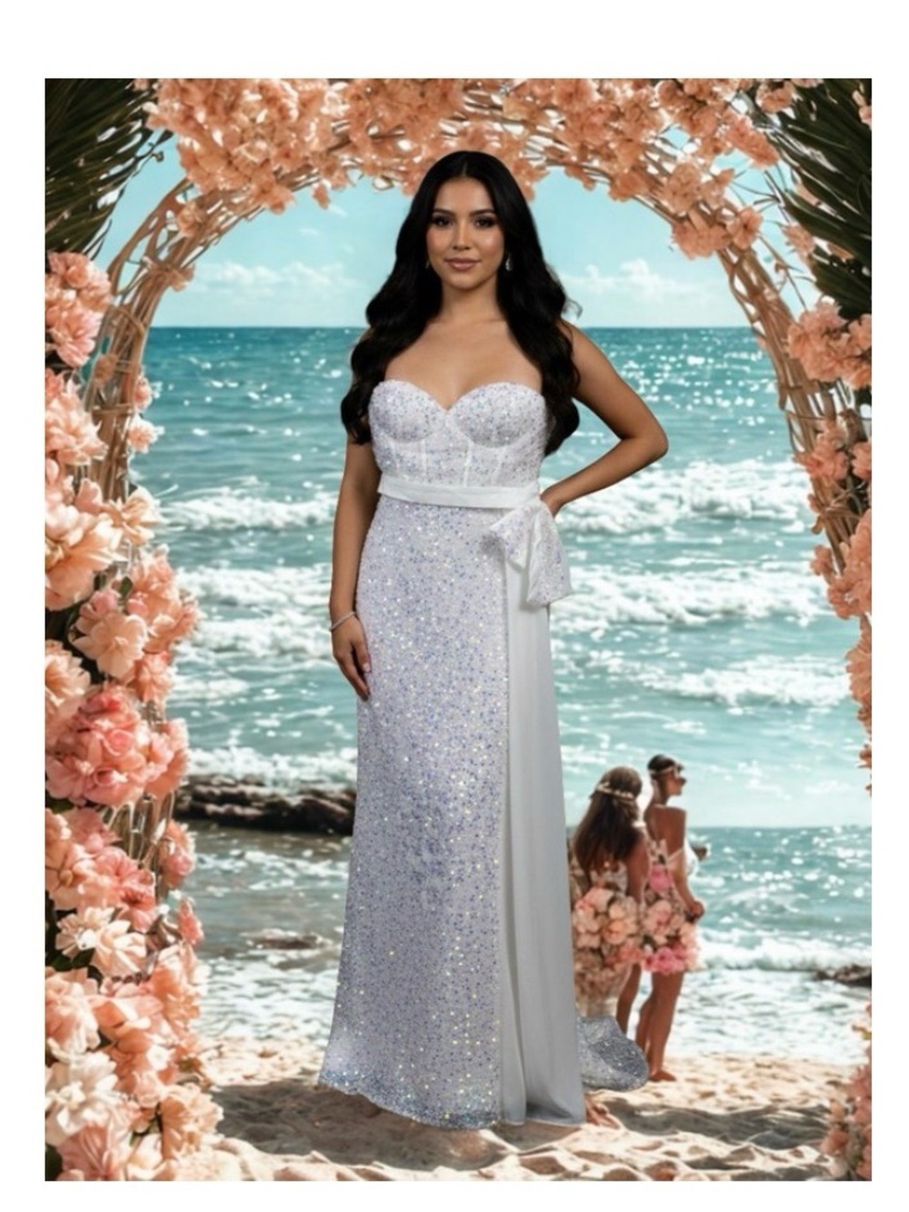 Strapless Sequin Evening Gown with Side Drape - White